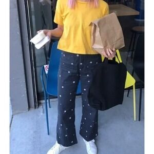 Nooworks Charcoal Gray Daisy Printed High Waisted Wide Leg Pants Large